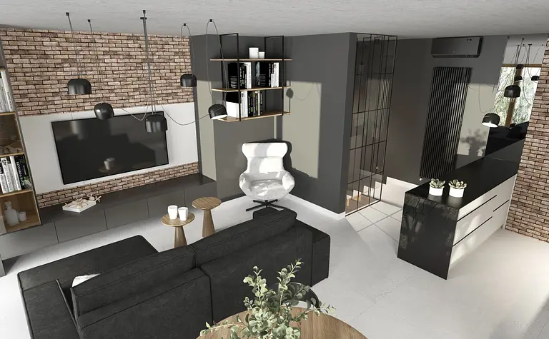 Salon z ceglaną ścianą, ciemną sofą i nowoczesnymi akcesoriami, styl industrialny.