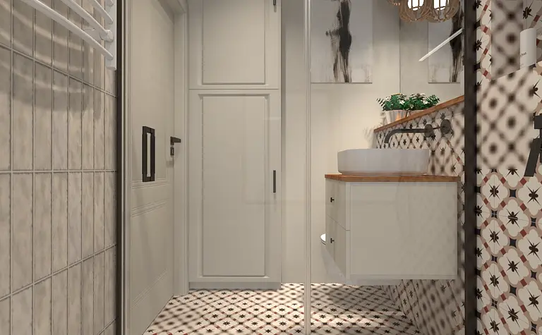 Wnętrze łazienki z białą umywalką, drewnianymi detalami i eklektycznymi płytkami.