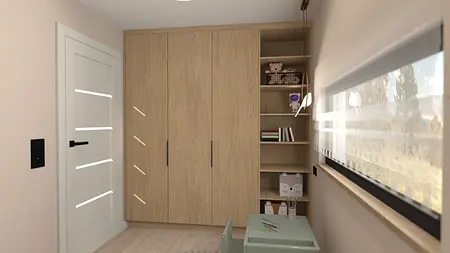 Pokój dziecięcy z drewnianą szafą i minimalistycznymi akcentami.