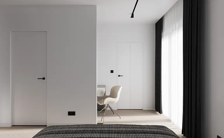 Minimalistyczne wnętrze z białymi ścianami i biurkiem, nowoczesne detale.