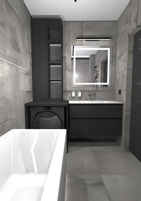 Wnętrze łazienki z minimalistycznym designem, dopamine decor, industrialnym i japandi.