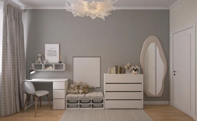 Pokój dziecięcy z jasnym biurkiem, szafką i pluszakami w stylu nowoczesnym i skandynawskim.