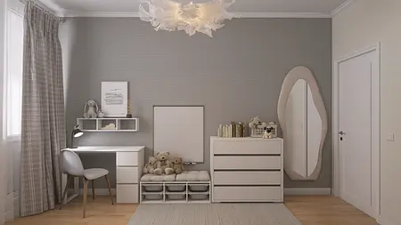 Pokój dziecięcy z jasnym biurkiem, szafką i pluszakami w stylu nowoczesnym i skandynawskim.