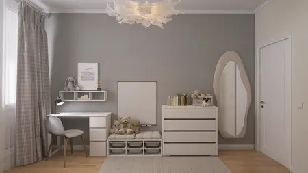 Pokój dziecięcy z jasnym biurkiem, szafką i pluszakami w stylu nowoczesnym i skandynawskim.