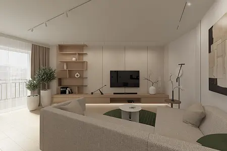 Salon w stylu japandi z jasnymi meblami, telewizorem i roślinami