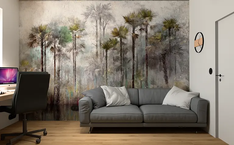 Wnętrze skandynawskiego pokoju z szarością i palmowym muralem.