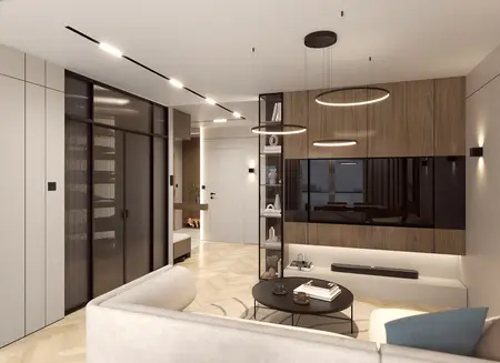 Salon w stylu japandi i minimalistycznym z drewnianymi detalami