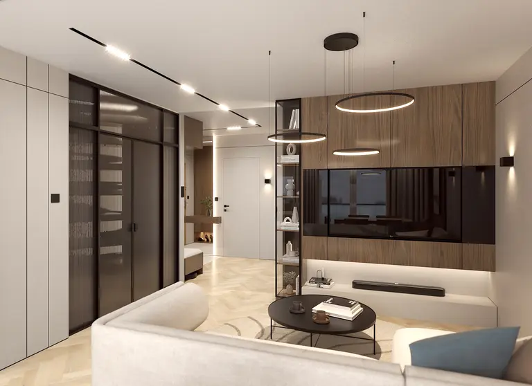 Salon w stylu japandi i minimalistycznym z drewnianymi detalami