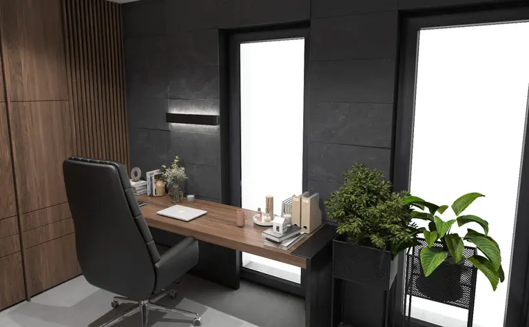 Gabinet z drewnianym biurkiem, nowoczesnymi roślinami, minimalistycznym designem.