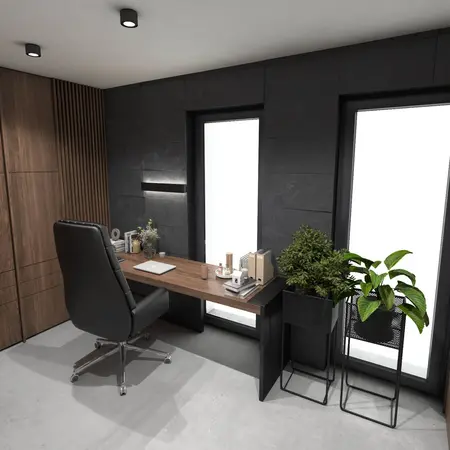 Gabinet z drewnianym biurkiem, nowoczesnymi roślinami, minimalistycznym designem.