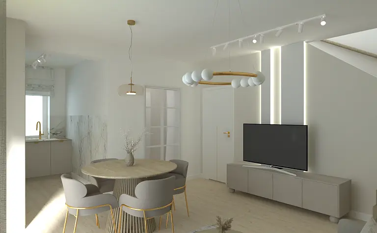 Wnętrze z nowoczesnym stołem okrągłym i szarymi krzesłami, jasne ściany i minimalistyczne akcesoria.