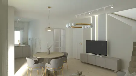 Wnętrze z nowoczesnym stołem okrągłym i szarymi krzesłami, jasne ściany i minimalistyczne akcesoria.