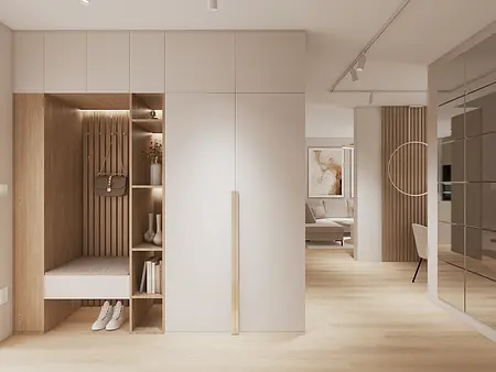 Garderoba w stylu glamour, japandi i minimaluxe z jasnymi meblami i drewnem.