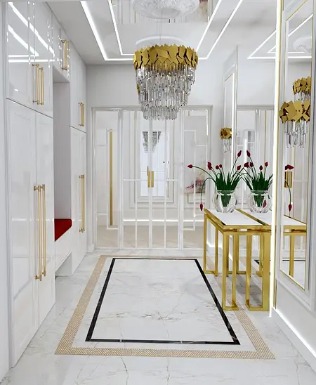 Przedpokój w stylu glamour z białymi meblami i złotym żyrandolem.