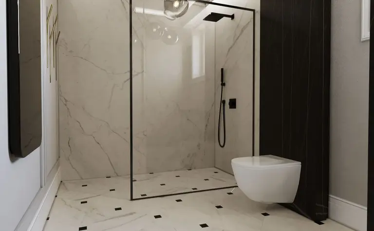 Nowoczesna łazienka z prysznicem, w stylu glamour, quiet luxury i współczesnym.