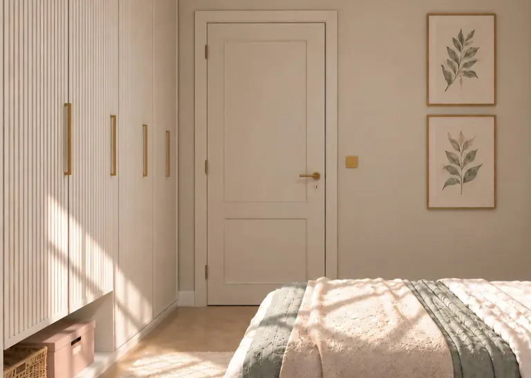 Garderoba w stylu soft minimalizm z jasnymi meblami i dekoracjami boho.