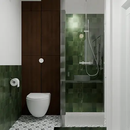 Nowoczesna łazienka z zielonymi płytkami i drewnianymi elementami w stylu vintage.
