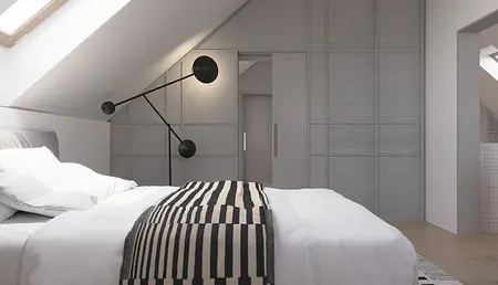 Nowoczesna sypialnia z szarymi ścianami i minimalistycznym oświetleniem w stylu dopamine decor.