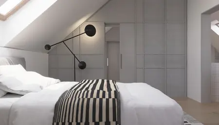 Nowoczesna sypialnia z szarymi ścianami i minimalistycznym oświetleniem w stylu dopamine decor.