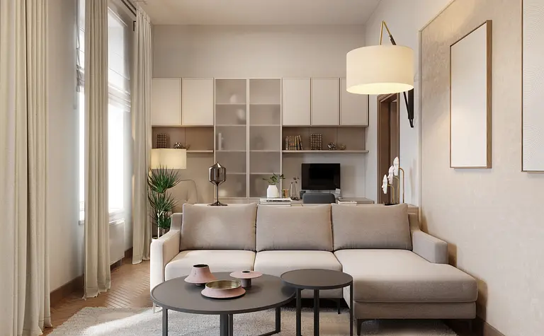 Wnętrze salonu w stylach art deco, glamour, soft minimalizm, tradycyjny.