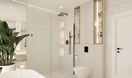 Nowoczesna łazienka z prysznicem, wanną i dodatkami w stylu art deco oraz glamour.