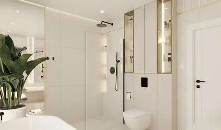 Nowoczesna łazienka z prysznicem, wanną i dodatkami w stylu art deco oraz glamour.