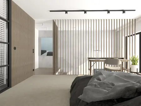 Wnętrze w stylu industrialnym i minimalistycznym z drewnianymi detalami i nowoczesnym biurkiem.