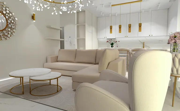 Stylowe wnętrze salonu glamour z beżową sofą i dekoracjami.