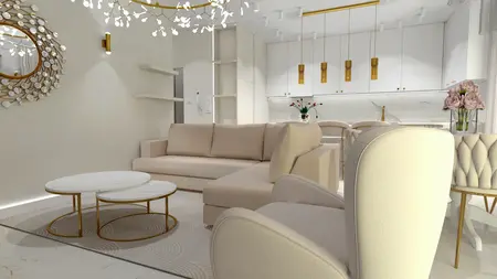 Stylowe wnętrze salonu glamour z beżową sofą i dekoracjami.