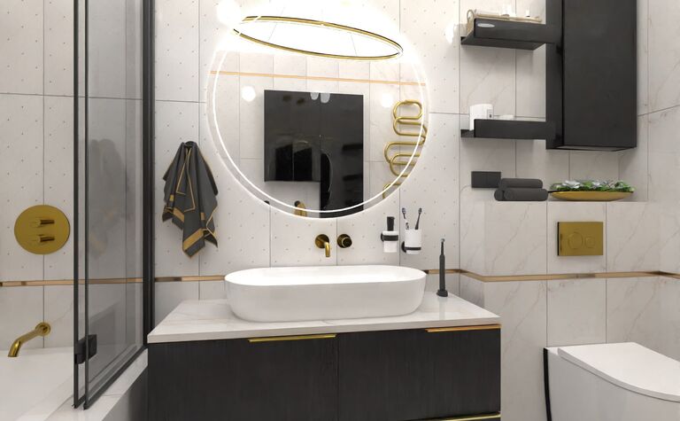 Nowoczesna łazienka z elementami glamour i industrialnymi, czarna szafka, okrągłe lustro.