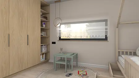 Pokój dziecięcy z drewnianymi meblami, minimalistyczny i nowoczesny wystrój.