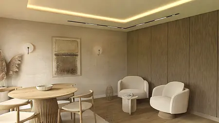 Nowoczesne wnętrze w stylu japandi z drewnianym stołem i jasnymi fotelami.