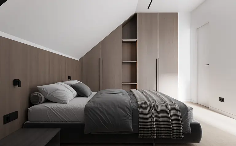 Wnętrze sypialni z szarym łóżkiem i drewnianymi akcentami, minimalistyczne i nowoczesne.