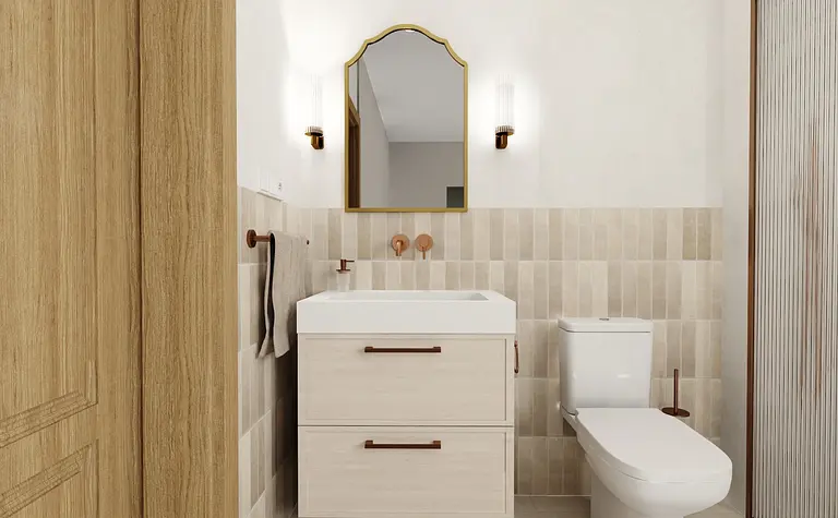 Nowoczesna łazienka z białą umywalką, drewnianymi detalami, w stylu eklektycznym i rustykalnym.