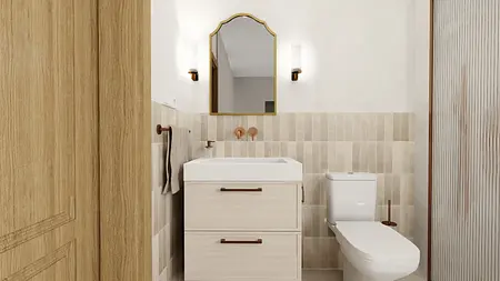 Nowoczesna łazienka z białą umywalką, drewnianymi detalami, w stylu eklektycznym i rustykalnym.