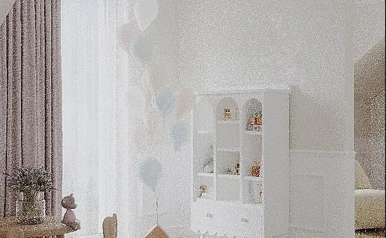 Pokój dziecięcy w stylu eklektycznym z białymi meblami i balonami