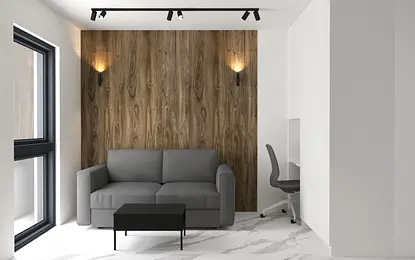 Wnętrze salonu z szaryą sofą, drewnianą ścianą i minimalistycznym stylem.