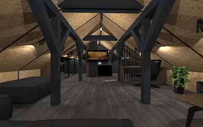 Poddasze w stylu industrialnym z ciemnymi meblami i drewnianymi detalami