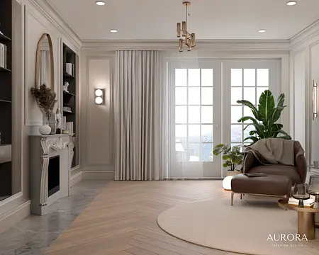Wnętrze salonu w stylu minimaluxe z brązową sofą i roślinami.