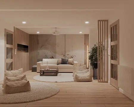 Wnętrze salonu w stylu minimalistycznym i nowoczesnym z jasnymi meblami i drewnianymi detalami.