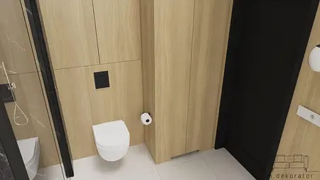 Nowoczesna łazienka z minimalistycznym wystrojem, drewniane i białe elementy