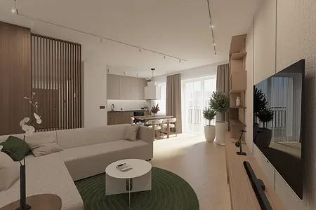 Wnętrze salonu w stylu japandi z jasnymi meblami i zielonym dywanem.