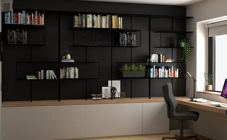 Gabinet w stylu skandynawskim z czarną półką i drewnianym biurkiem.