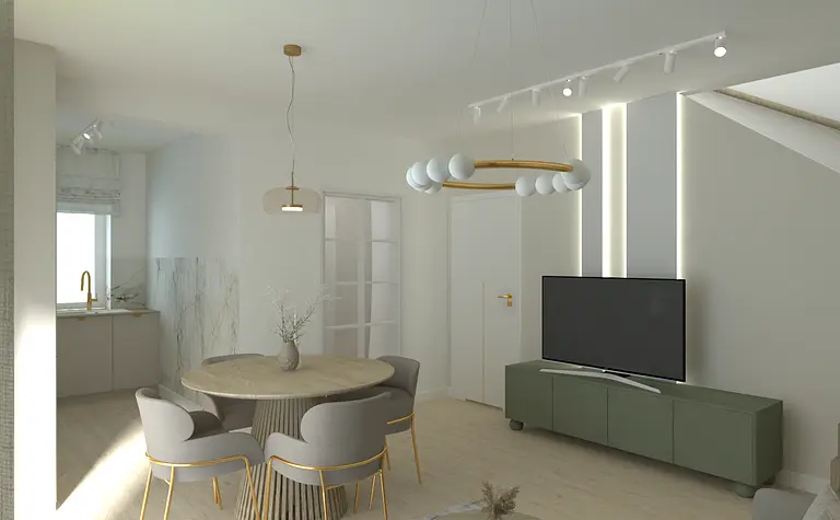 Nowoczesne wnętrze salonu z okrągłym stołem, szarymi krzesłami i telewizorem