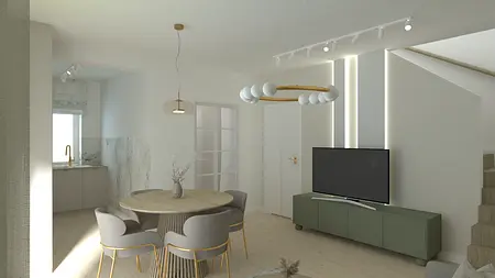 Nowoczesne wnętrze salonu z okrągłym stołem, szarymi krzesłami i telewizorem