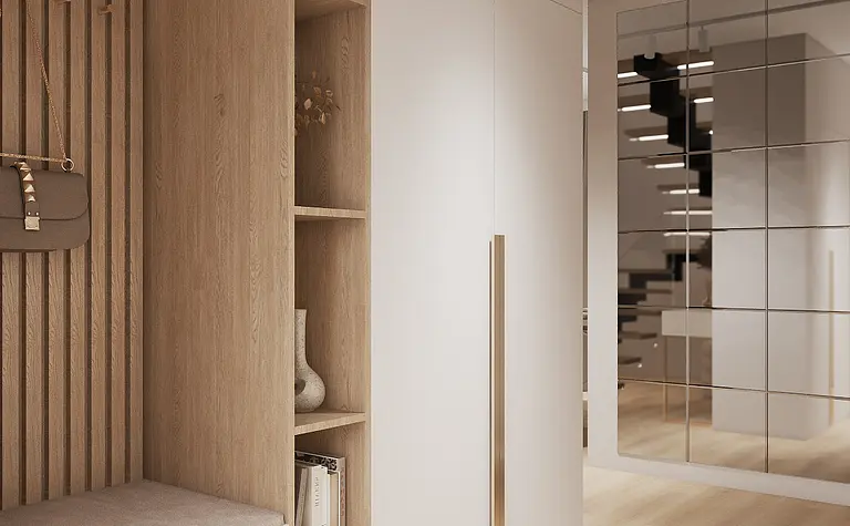 Garderoba w stylu glam, japandi i minimaluxe z drewnianymi akcentami.