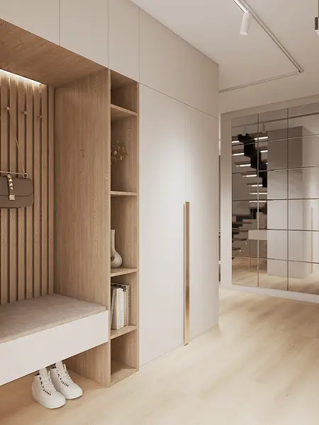 Garderoba w stylu glam, japandi i minimaluxe z drewnianymi akcentami.