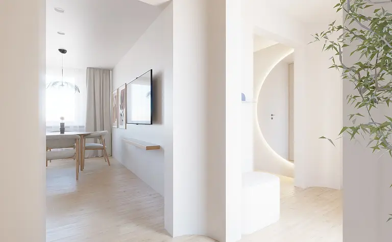Nowoczesny salon z niebieską sofą, minimalistycznymi meblami i roślinami w stylu industrialnym.