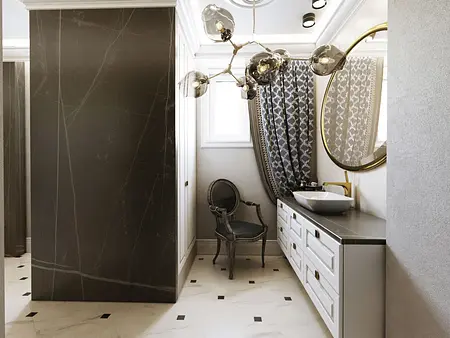 Wnętrze łazienki z nowoczesnymi elementami glamour i quiet luxury, jasnymi i ciemnymi akcentami.