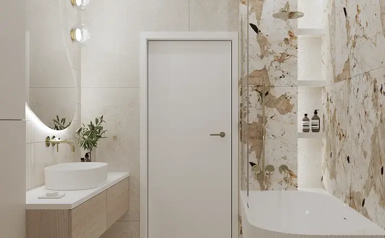Wnętrze z minimalistycznym oświetleniem LED i nowoczesną kamienną ścianą w stylu współczesnym.